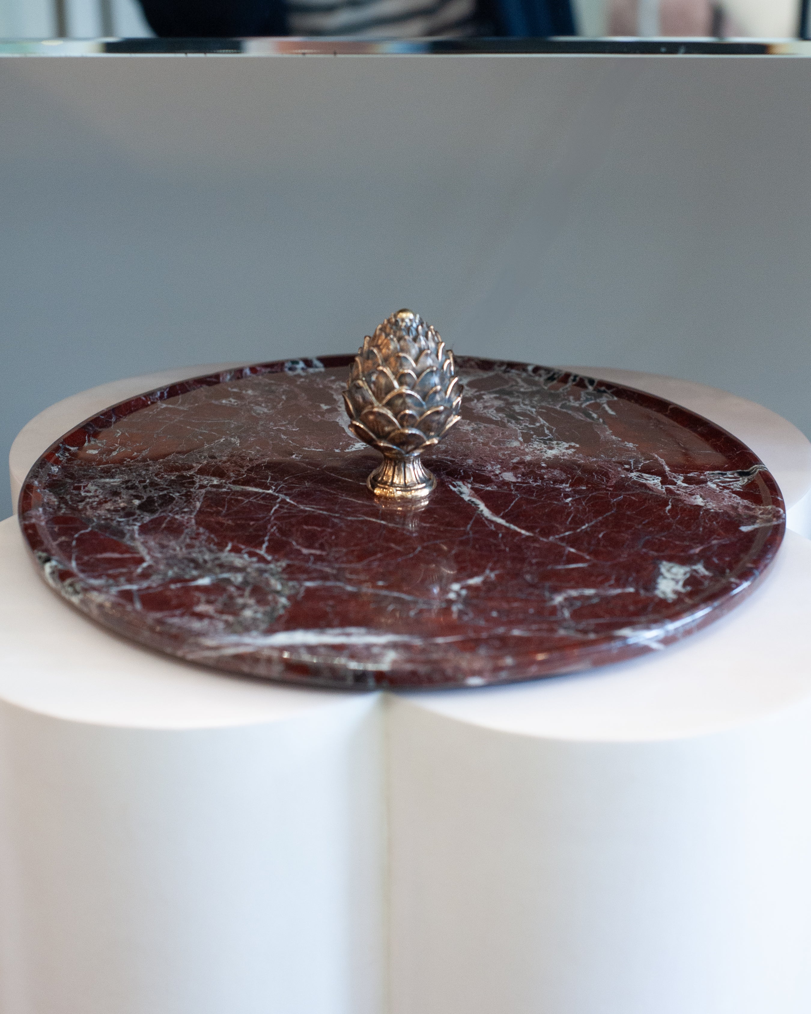 CONTEMPORARY ROSSO LEVANTO MARBLE TRAY WITH CAST BRONZE PINECONE HANDLE