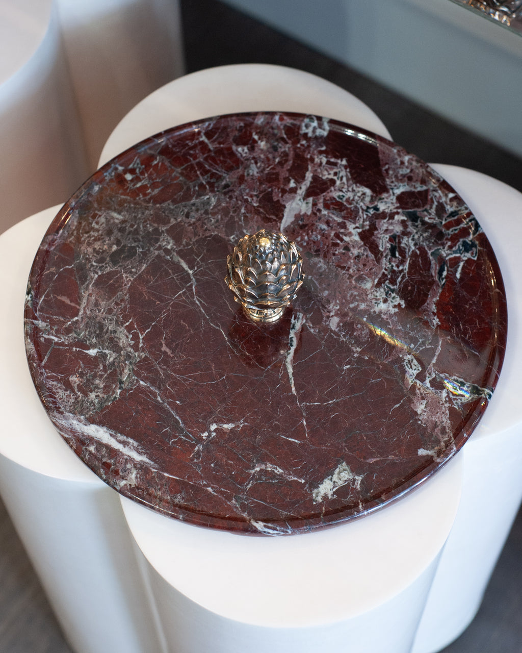 CONTEMPORARY ROSSO LEVANTO MARBLE TRAY WITH CAST BRONZE PINECONE HANDLE