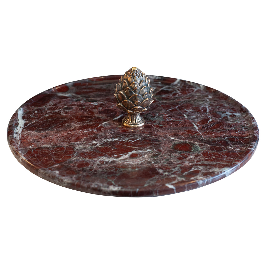 CONTEMPORARY ROSSO LEVANTO MARBLE TRAY WITH CAST BRONZE PINECONE HANDLE
