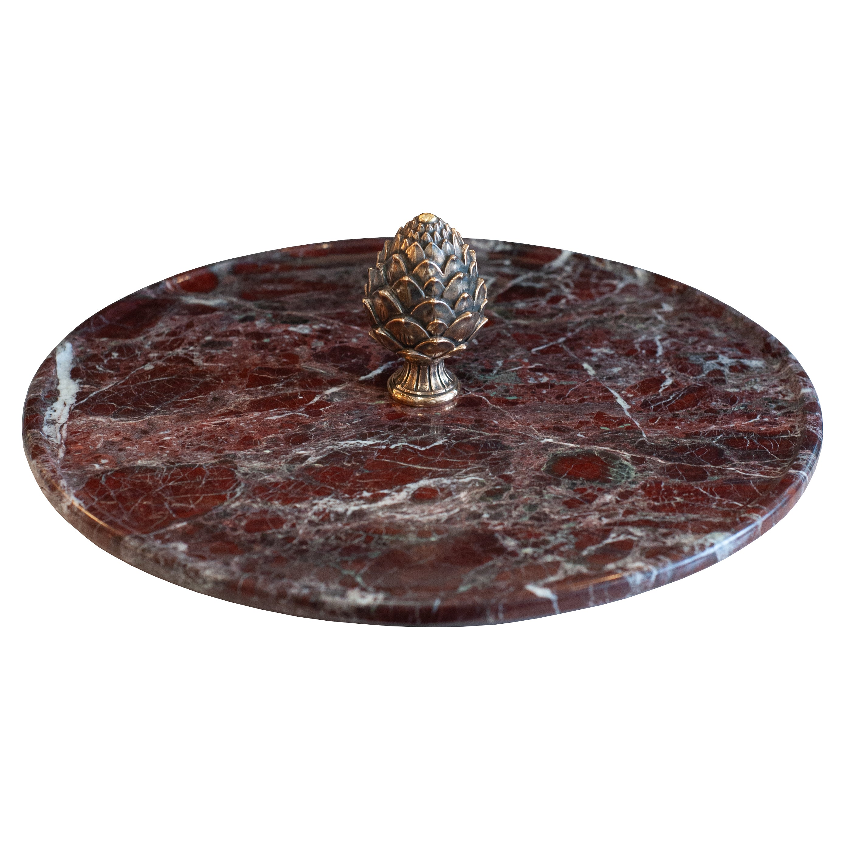 CONTEMPORARY ROSSO LEVANTO MARBLE TRAY WITH CAST BRONZE PINECONE HANDLE