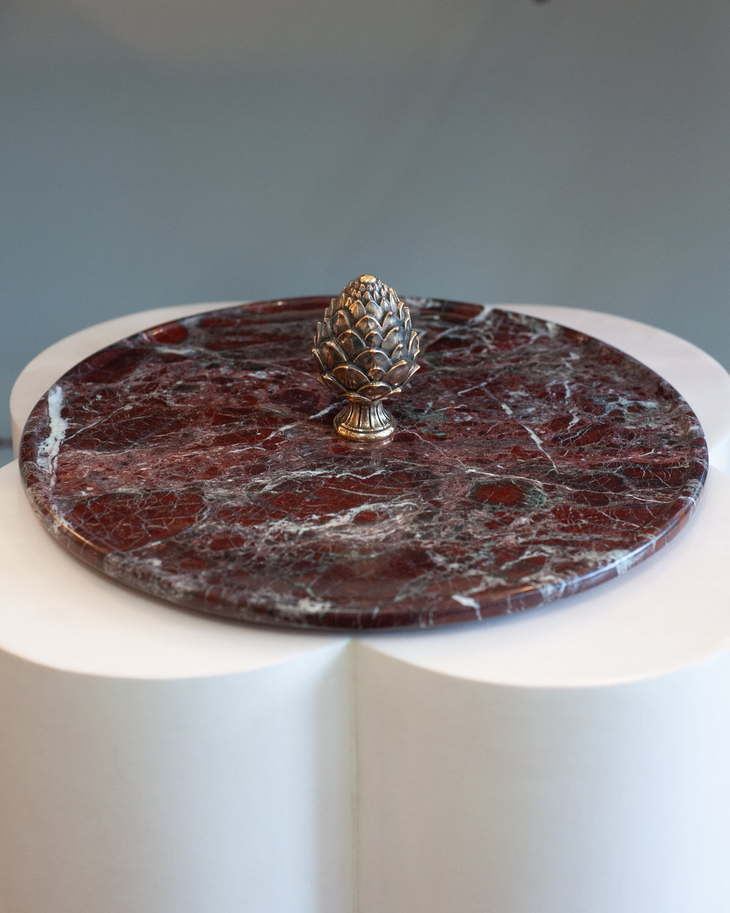 CONTEMPORARY ROSSO LEVANTO MARBLE TRAY WITH CAST BRONZE PINECONE HANDLE