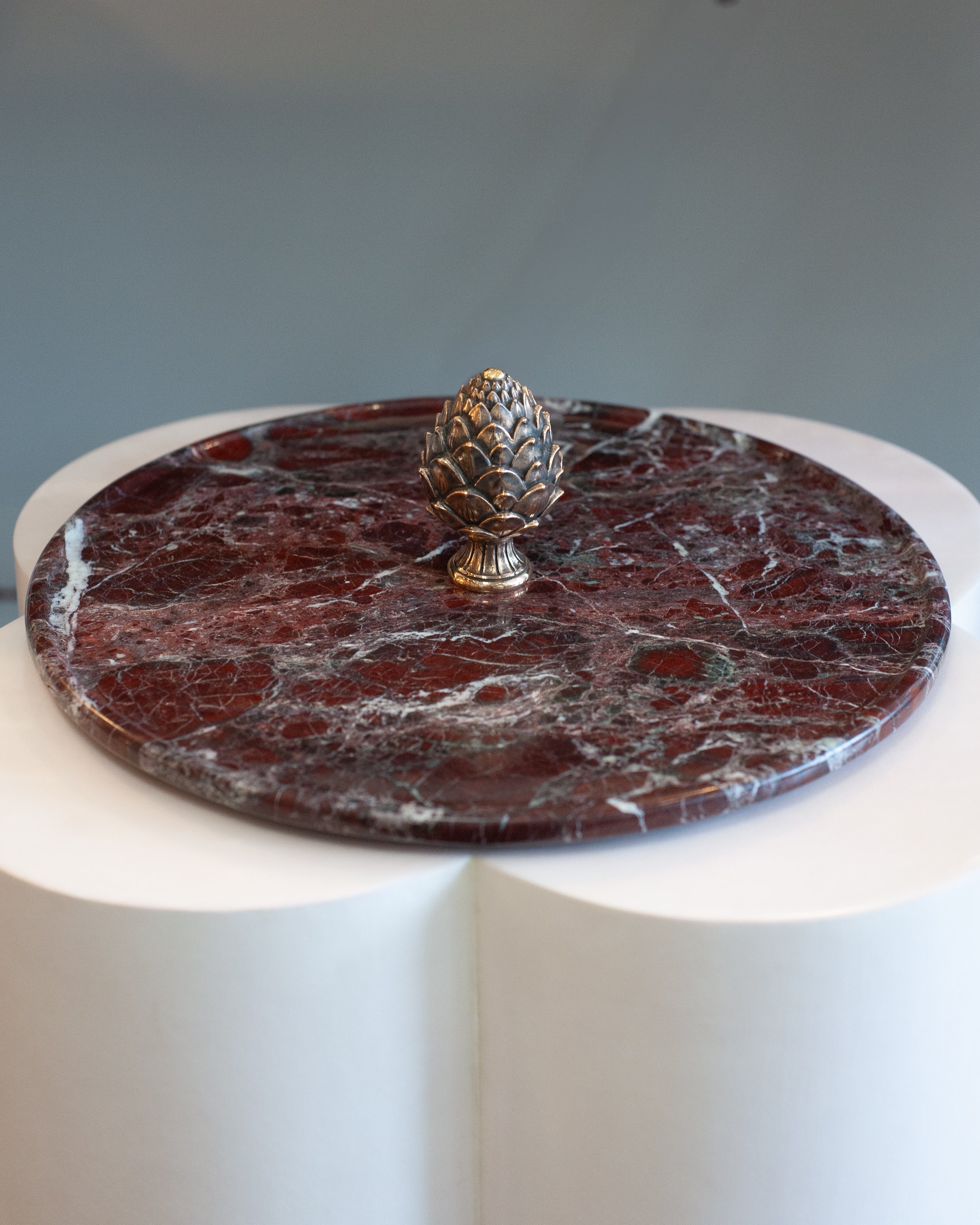 CONTEMPORARY ROSSO LEVANTO MARBLE TRAY WITH CAST BRONZE PINECONE HANDLE