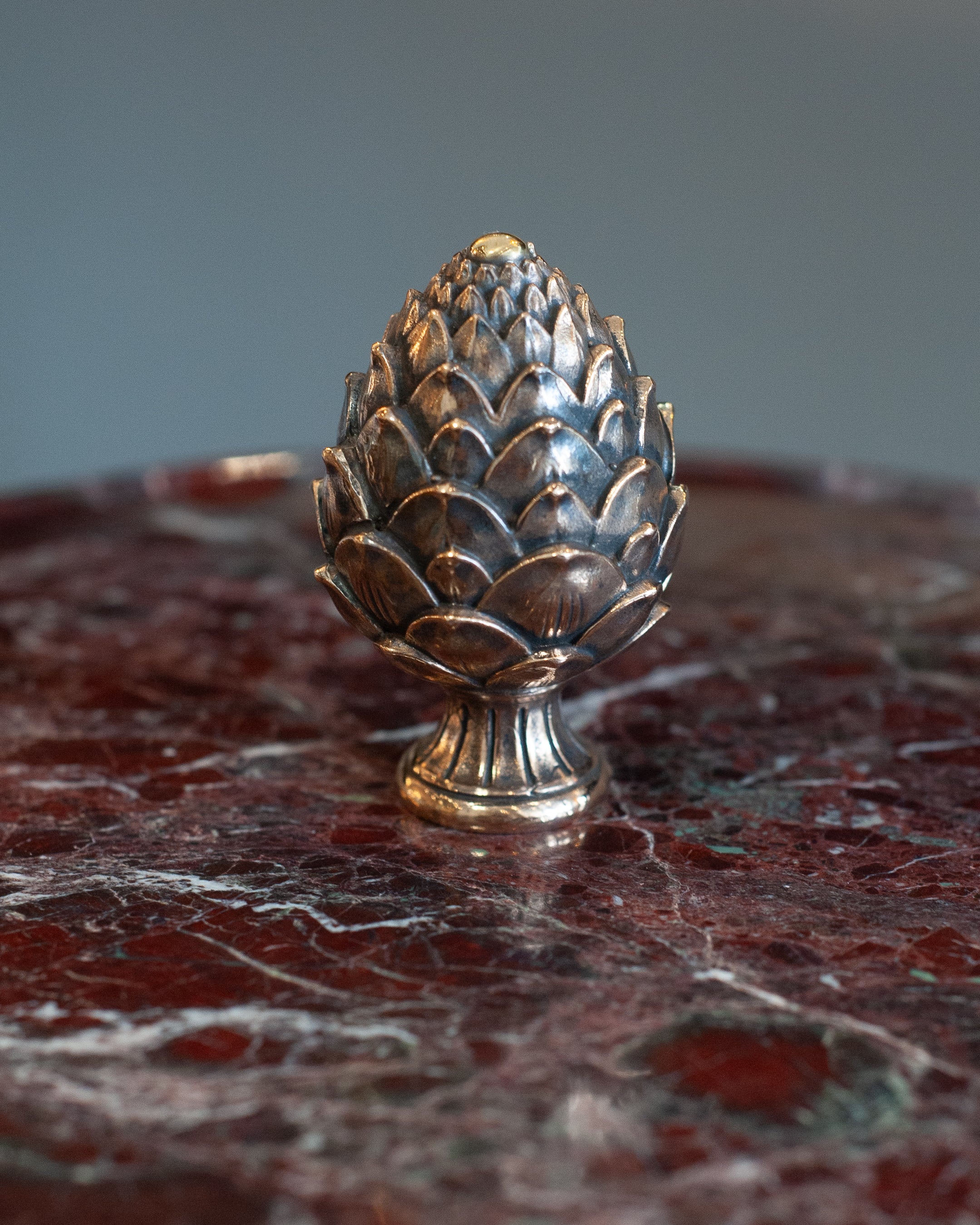 CONTEMPORARY ROSSO LEVANTO MARBLE TRAY WITH CAST BRONZE PINECONE HANDLE