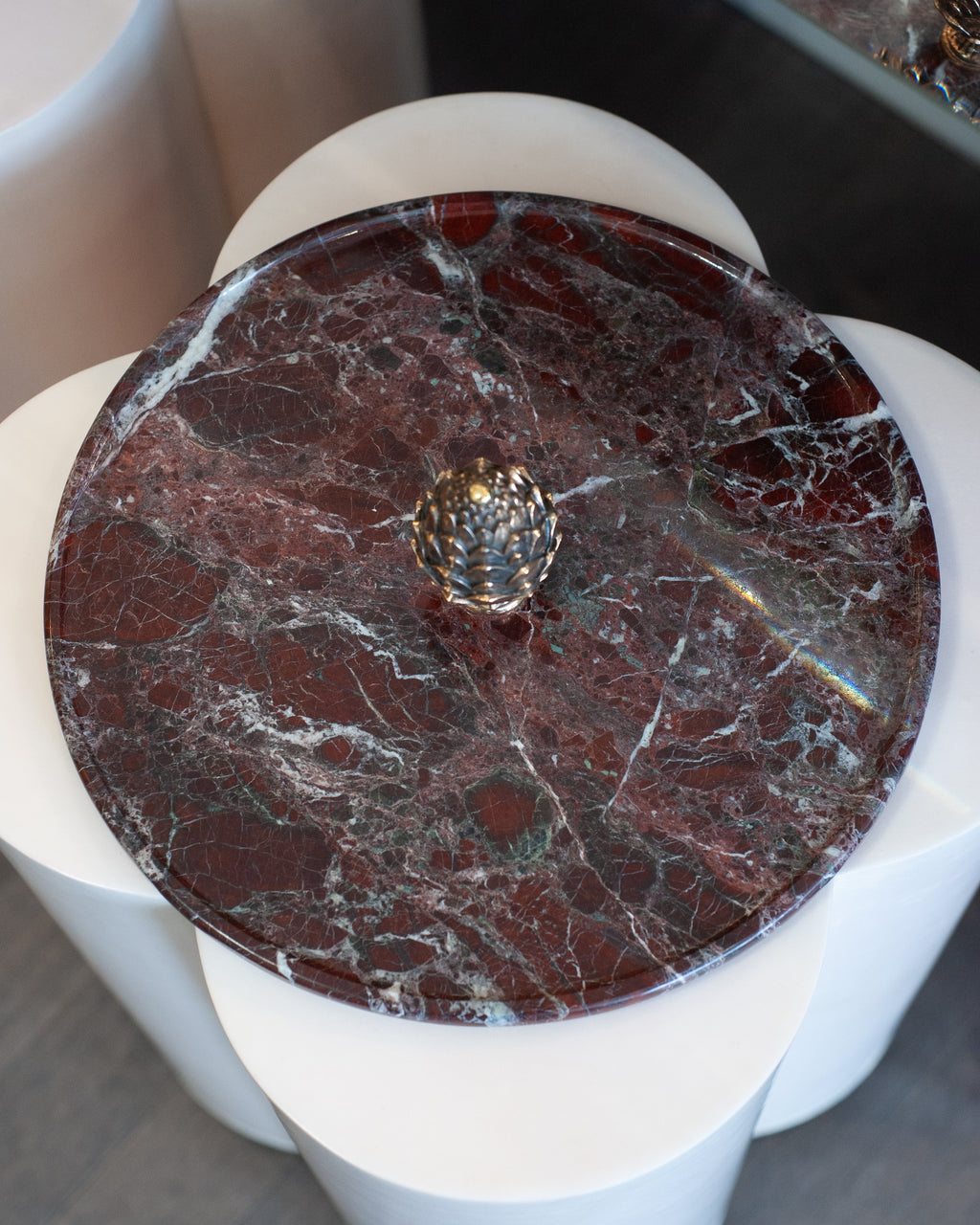 CONTEMPORARY ROSSO LEVANTO MARBLE TRAY WITH CAST BRONZE PINECONE HANDLE