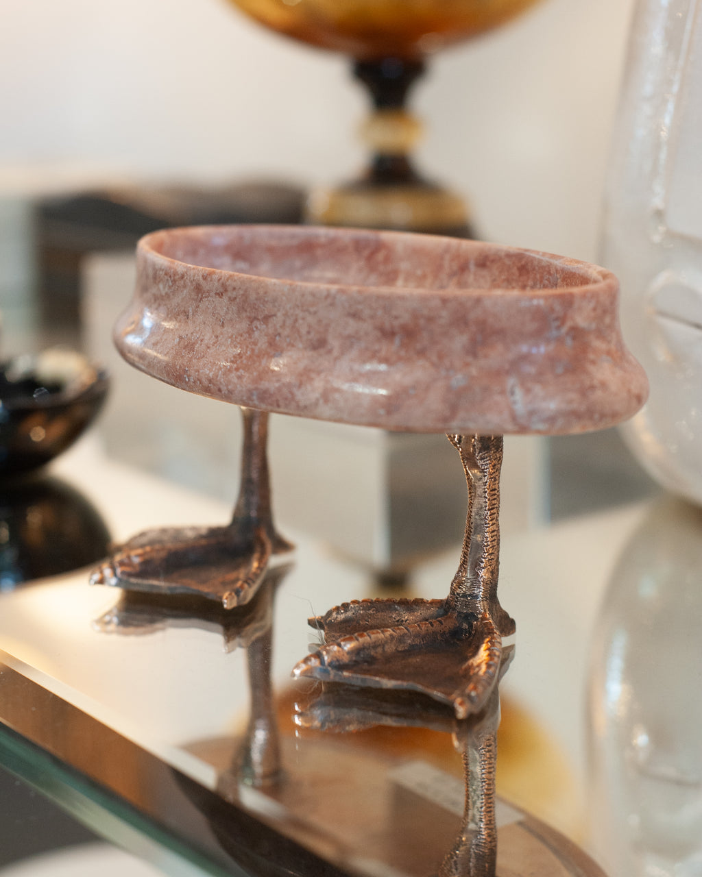 CONTEMPORARY PINK TRAVERTINE DISH WITH CAST BRONZE DUCK FEET