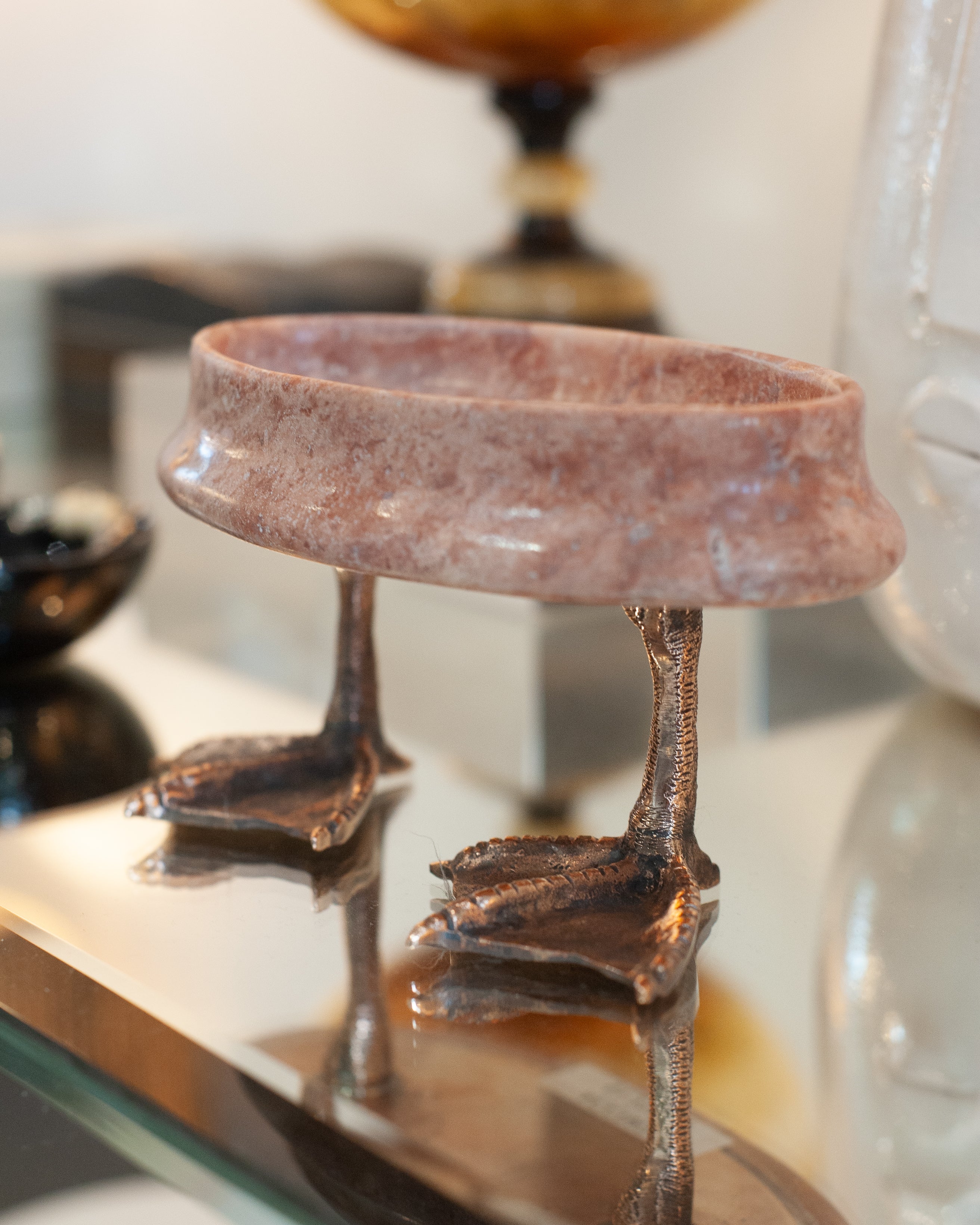CONTEMPORARY PINK TRAVERTINE DISH WITH CAST BRONZE DUCK FEET