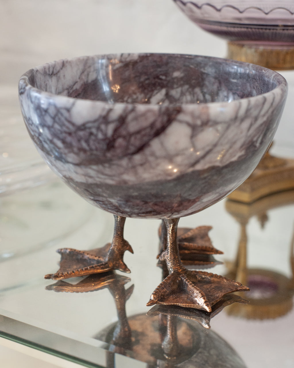 CONTEMPORARY PURPLE MARBLE BOWL WITH CAST BRONZE DUCK FEET