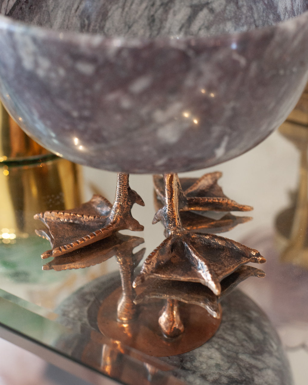 CONTEMPORARY PURPLE MARBLE BOWL WITH CAST BRONZE DUCK FEET