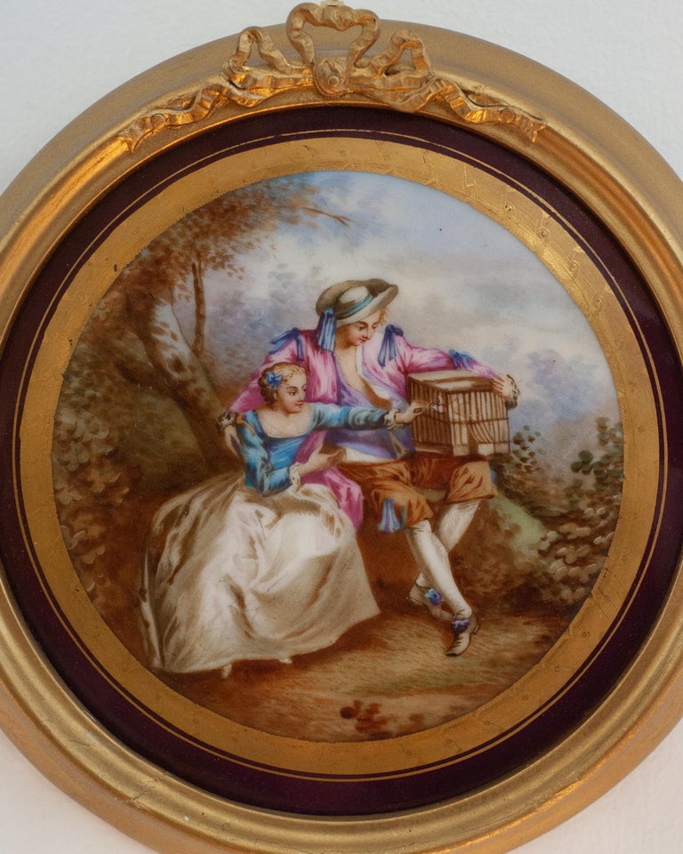 ANTIQUE HAND-PAINTED PORCELAIN PLAQUE, THE BIRD CAGE, AFTER NICOLAS LANCRET