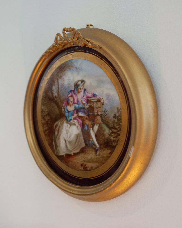 ANTIQUE HAND-PAINTED PORCELAIN PLAQUE, THE BIRD CAGE, AFTER NICOLAS LANCRET