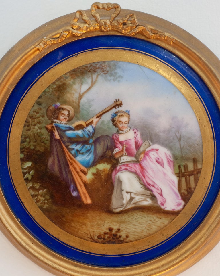 ANTIQUE HAND-PAINTED PORCELAIN PLAQUE, THE SERENADE, AFTER NICOLAS LANCRET