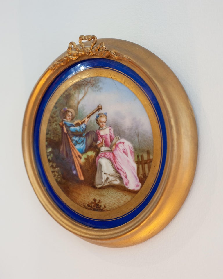 ANTIQUE HAND-PAINTED PORCELAIN PLAQUE, THE SERENADE, AFTER NICOLAS LANCRET