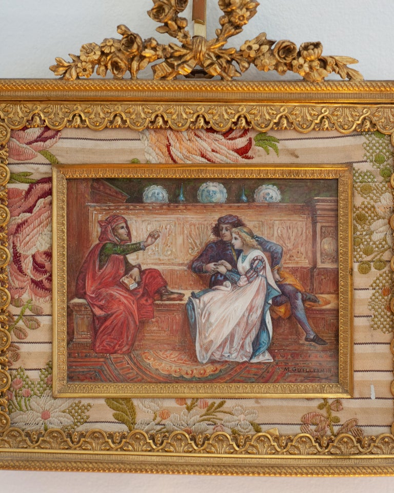 ANTIQUE BRONZE GILT FRAME WITH PRE-RAPHAELITE STYLE PAINTING