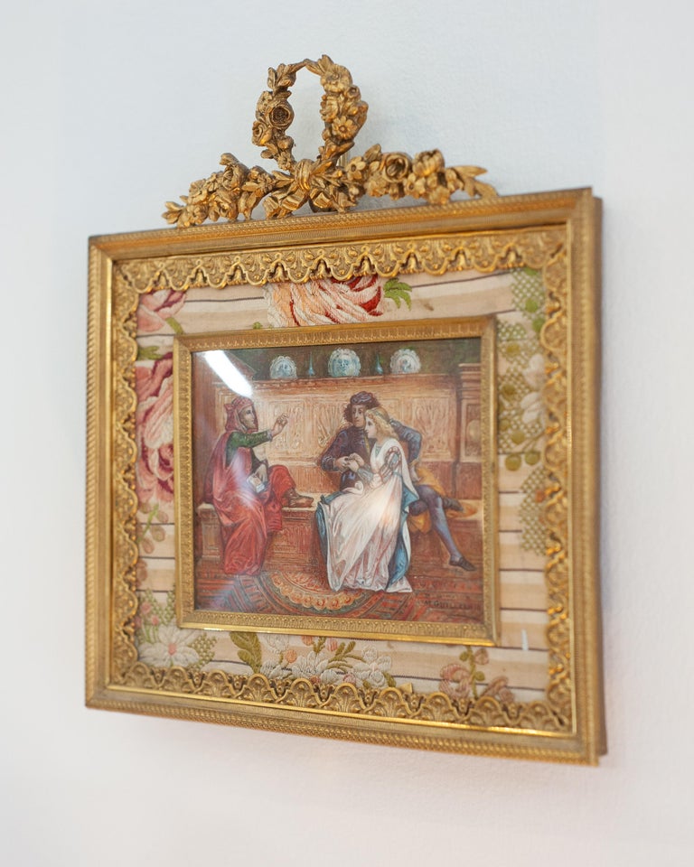 ANTIQUE BRONZE GILT FRAME WITH PRE-RAPHAELITE STYLE PAINTING