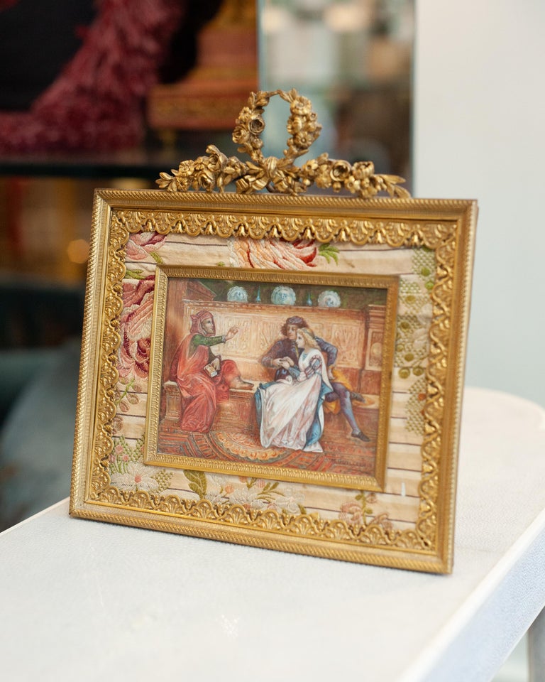 ANTIQUE BRONZE GILT FRAME WITH PRE-RAPHAELITE STYLE PAINTING