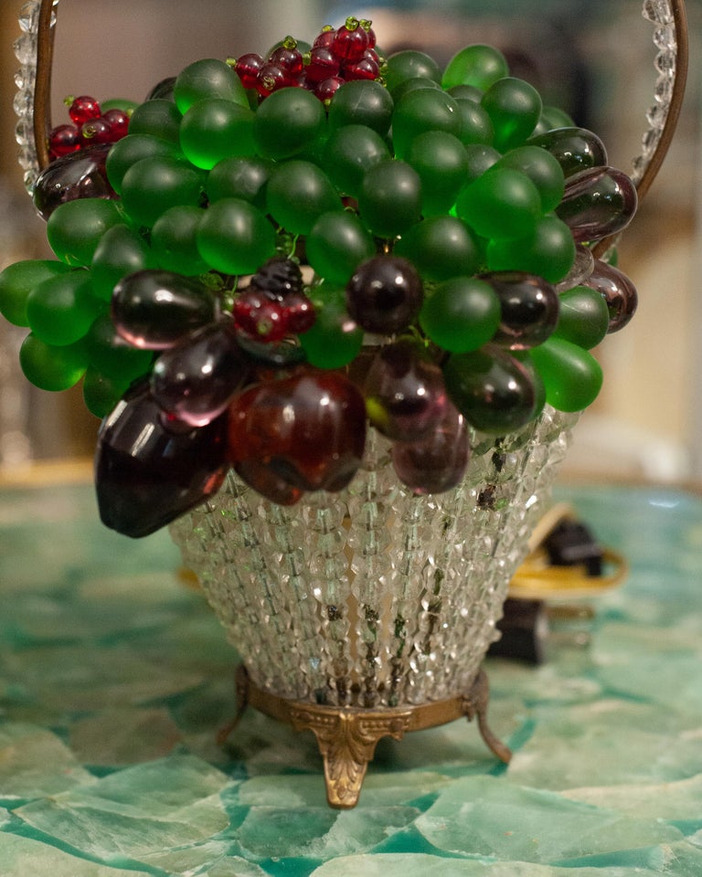 ANTIQUE BOHEMIAN CRYSTAL AND GLASS BEADED FRUIT BASKET TABLE LAMP