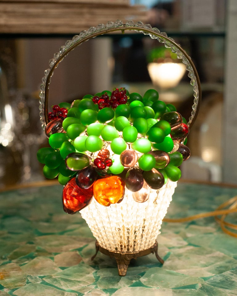 ANTIQUE BOHEMIAN CRYSTAL AND GLASS BEADED FRUIT BASKET TABLE LAMP