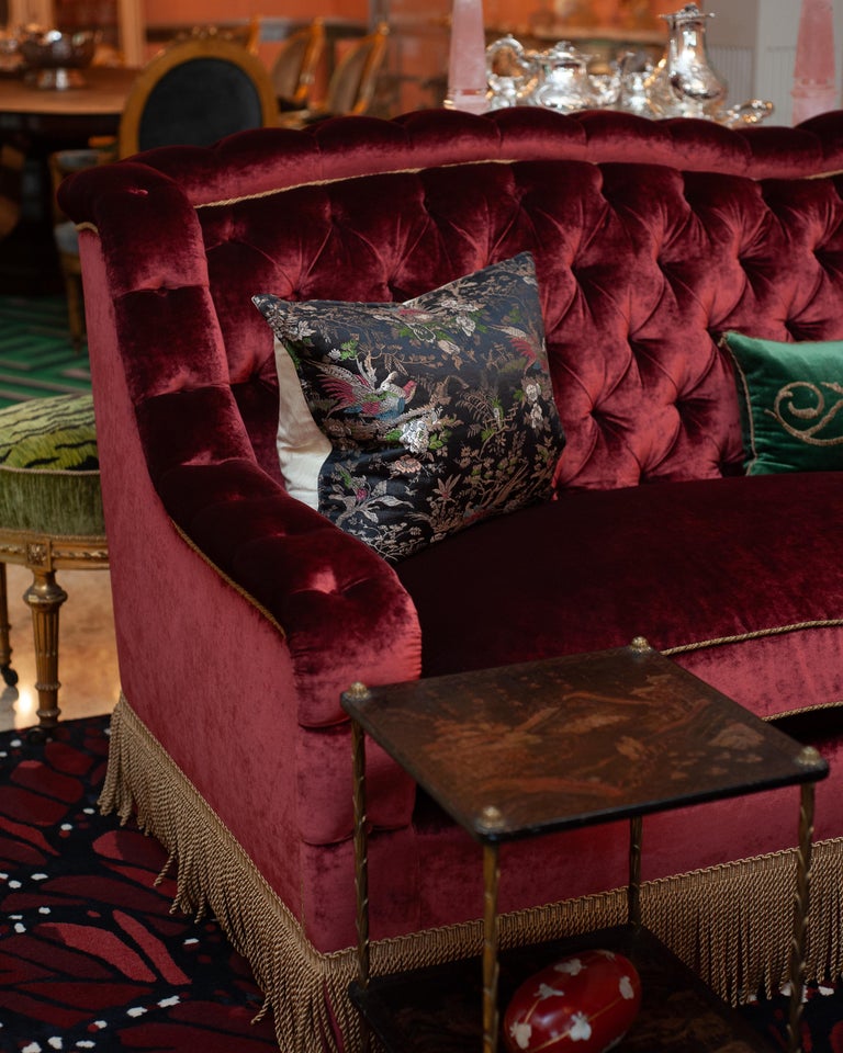 NAPOLEON III STYLE TUFTED SOFA IN DEDAR SPLENDIDO RED VELVET WITH METALLIC TRIM