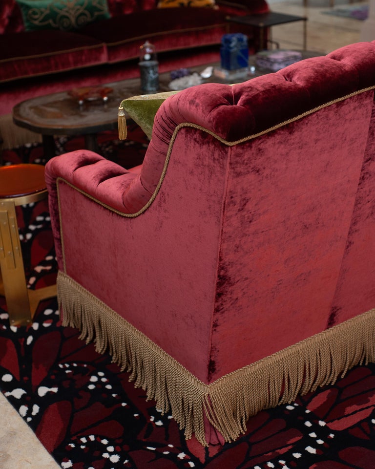 NAPOLEON III STYLE TUFTED SOFA IN DEDAR SPLENDIDO RED VELVET WITH METALLIC TRIM