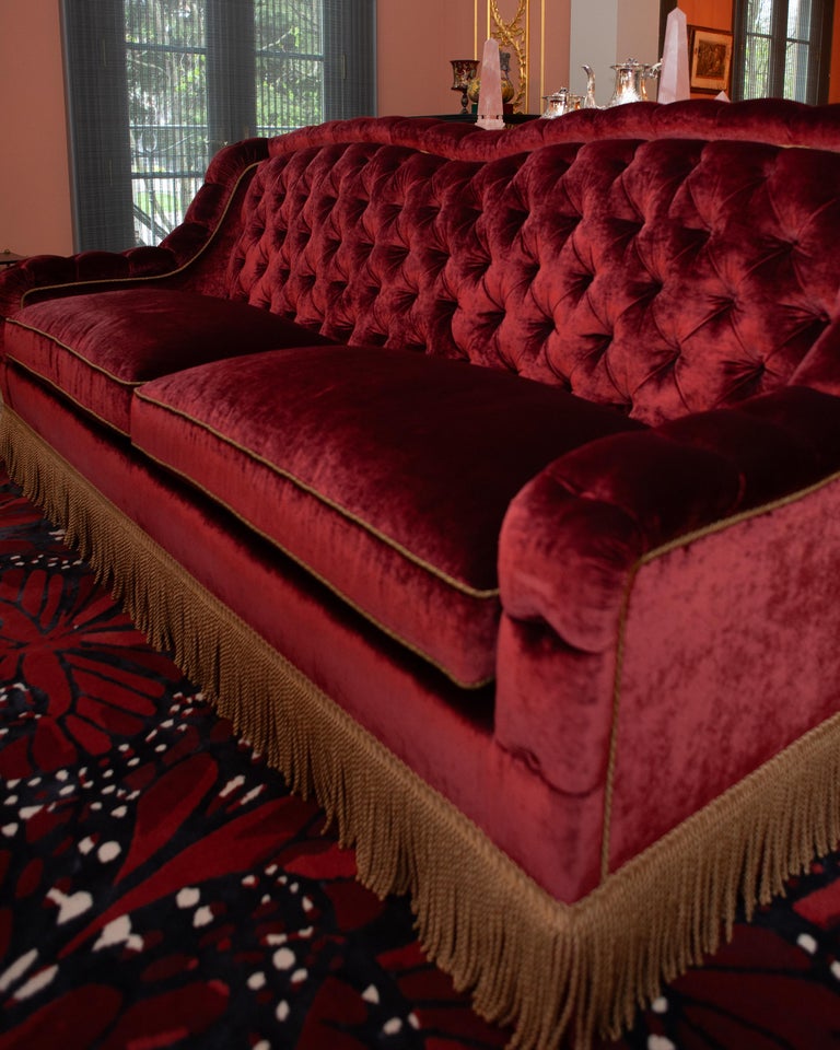 NAPOLEON III STYLE TUFTED SOFA IN DEDAR SPLENDIDO RED VELVET WITH METALLIC TRIM
