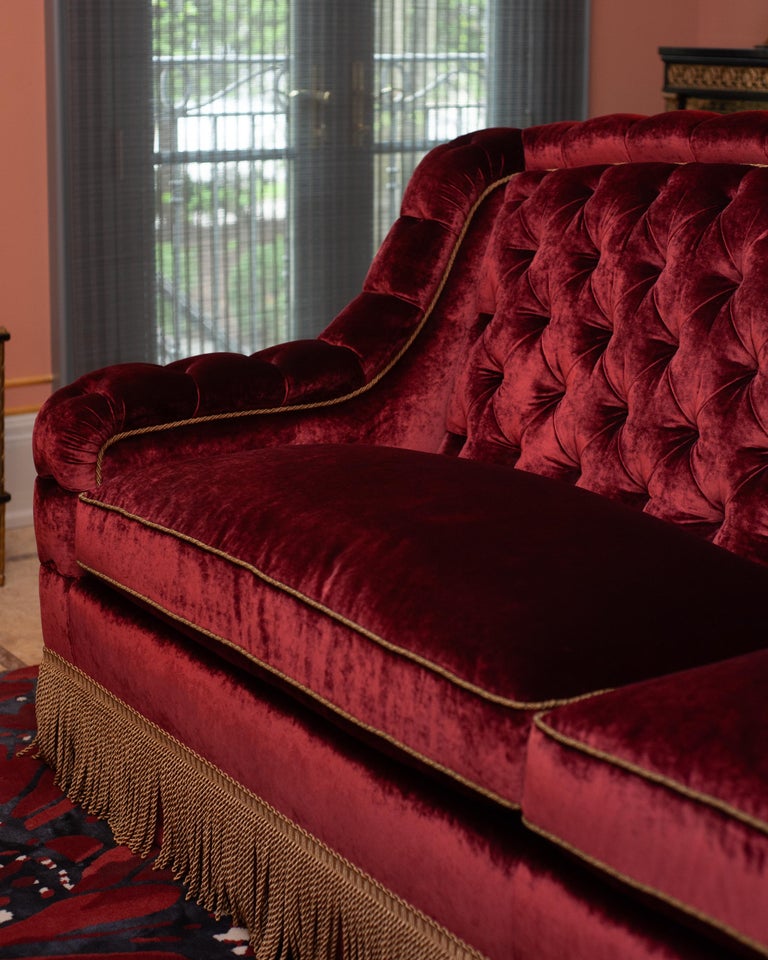 NAPOLEON III STYLE TUFTED SOFA IN DEDAR SPLENDIDO RED VELVET WITH METALLIC TRIM