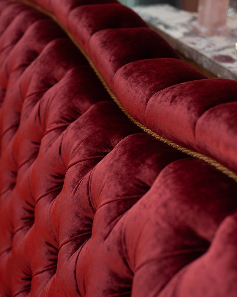 NAPOLEON III STYLE TUFTED SOFA IN DEDAR SPLENDIDO RED VELVET WITH METALLIC TRIM