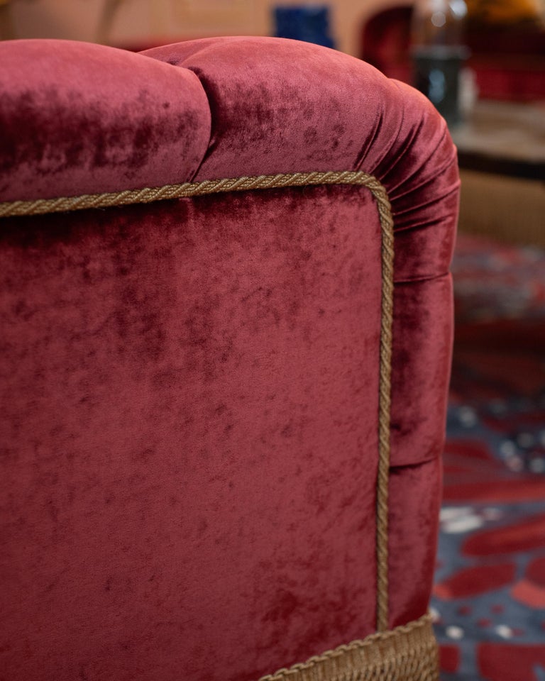 NAPOLEON III STYLE TUFTED SOFA IN DEDAR SPLENDIDO RED VELVET WITH METALLIC TRIM