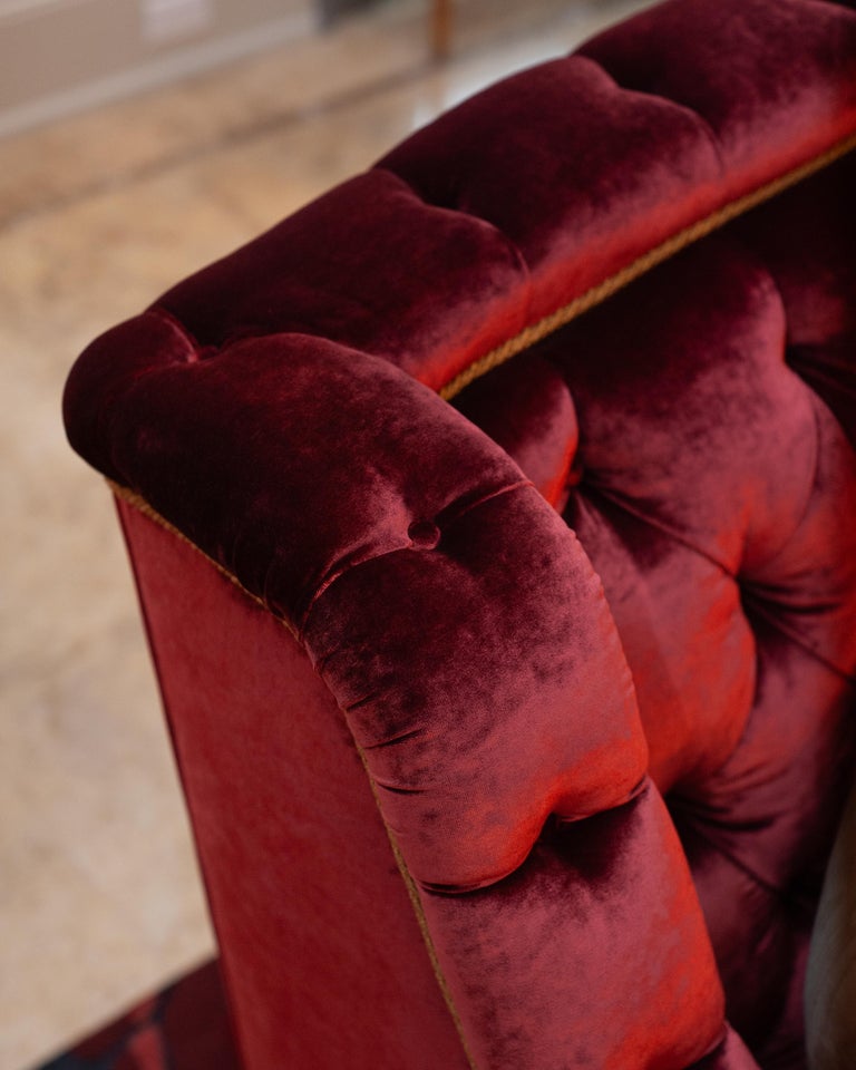 NAPOLEON III STYLE TUFTED SOFA IN DEDAR SPLENDIDO RED VELVET WITH METALLIC TRIM