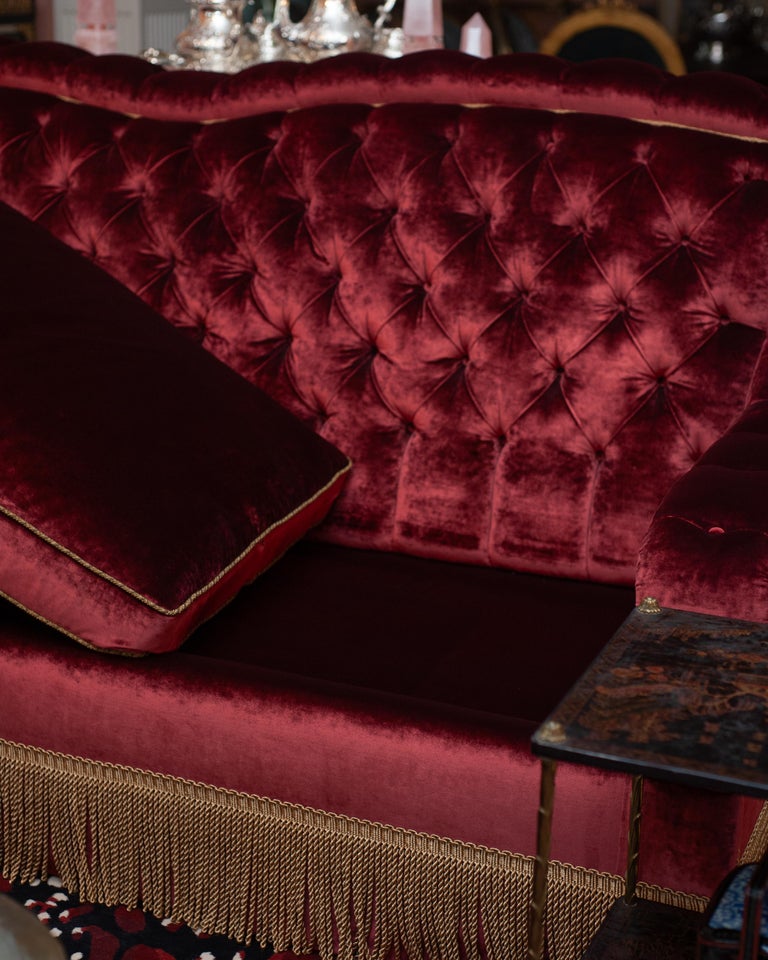 NAPOLEON III STYLE TUFTED SOFA IN DEDAR SPLENDIDO RED VELVET WITH METALLIC TRIM