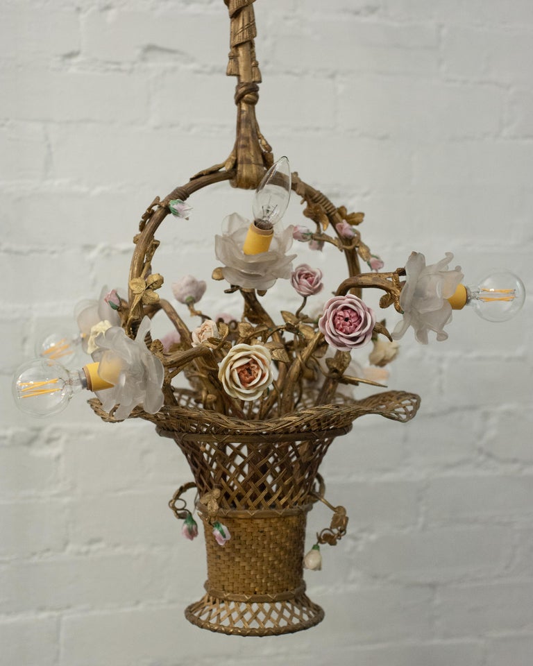 ANTIQUE FRENCH WOVEN BRONZE FLOWER BASKET PENDANT WITH GLASS & PORCELAIN FLOWERS