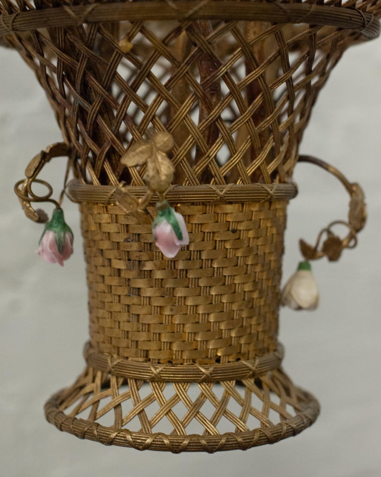 ANTIQUE FRENCH WOVEN BRONZE FLOWER BASKET PENDANT WITH GLASS & PORCELAIN FLOWERS