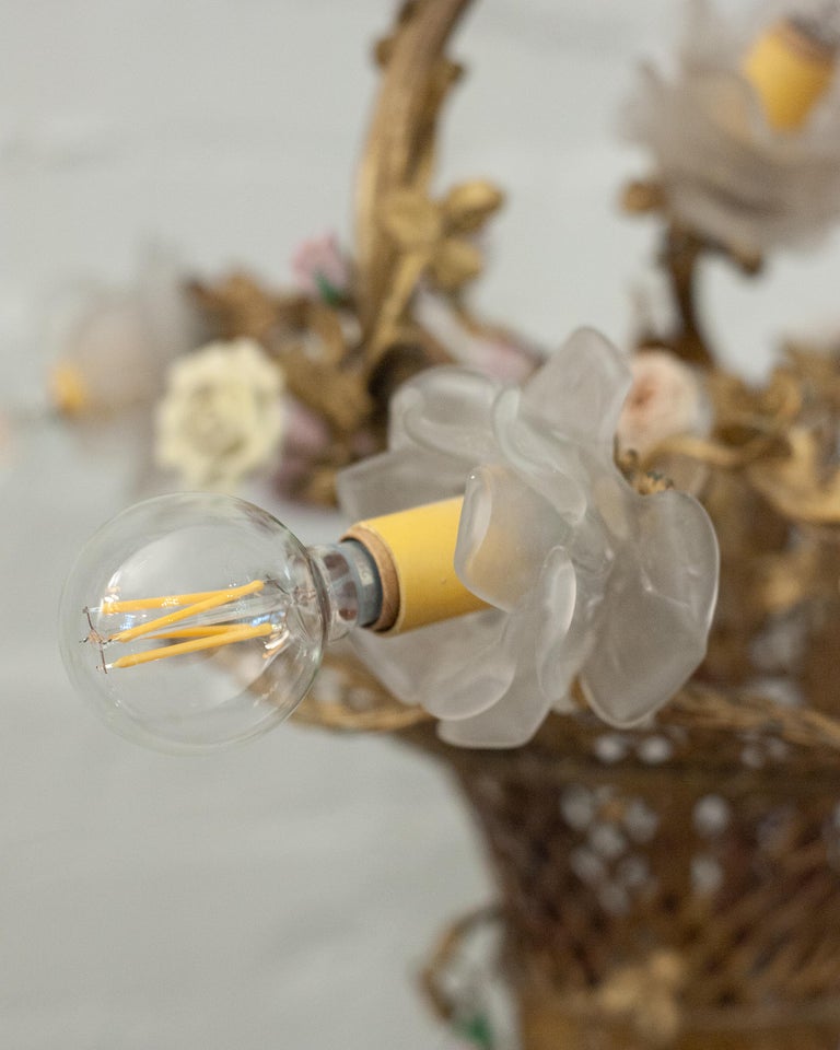 ANTIQUE FRENCH WOVEN BRONZE FLOWER BASKET PENDANT WITH GLASS & PORCELAIN FLOWERS