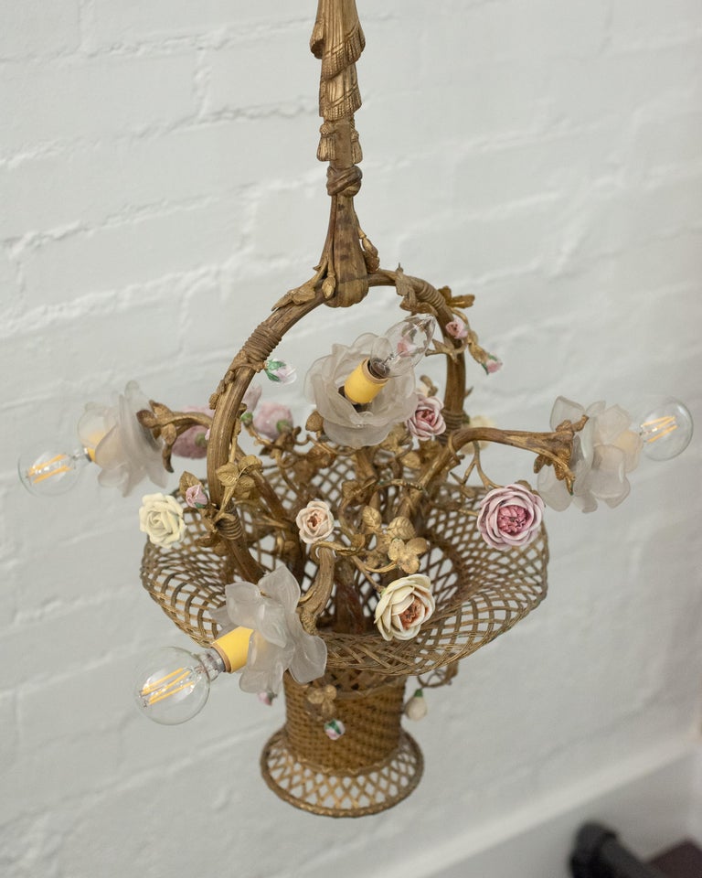 ANTIQUE FRENCH WOVEN BRONZE FLOWER BASKET PENDANT WITH GLASS & PORCELAIN FLOWERS