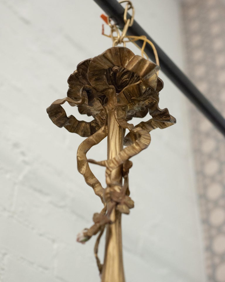 ANTIQUE FRENCH WOVEN BRONZE FLOWER BASKET PENDANT WITH GLASS & PORCELAIN FLOWERS