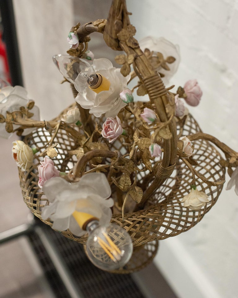 ANTIQUE FRENCH WOVEN BRONZE FLOWER BASKET PENDANT WITH GLASS & PORCELAIN FLOWERS
