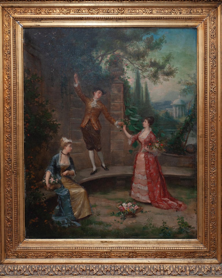 ANTIQUE FRENCH COURTING SCENE OIL PAINTING BY DAVID MORIN IN GILDED WOOD FRAME