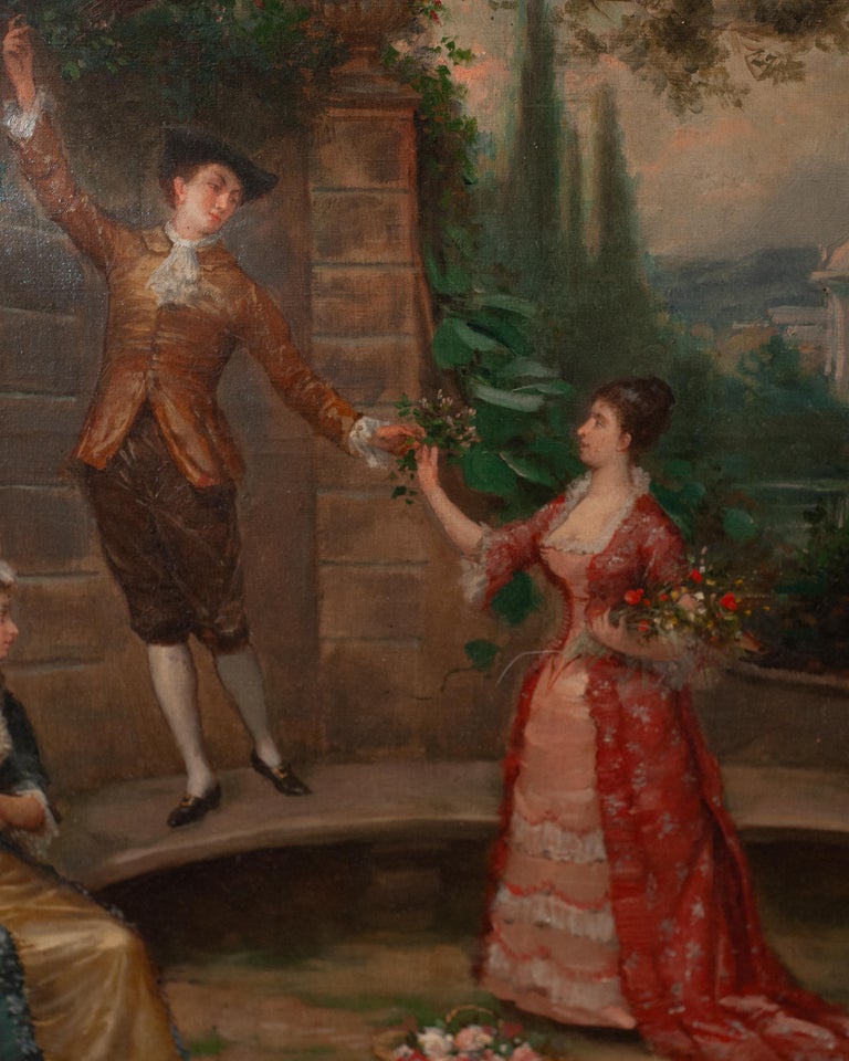 ANTIQUE FRENCH COURTING SCENE OIL PAINTING BY DAVID MORIN IN GILDED WOOD FRAME