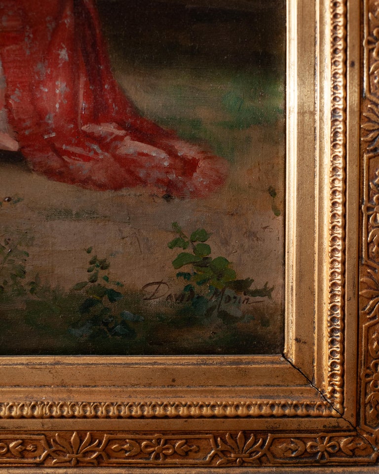ANTIQUE FRENCH COURTING SCENE OIL PAINTING BY DAVID MORIN IN GILDED WOOD FRAME