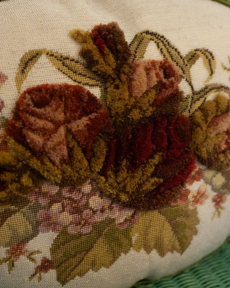 CONTEMPORARY BEADED FLORAL OVAL PILLOW WITH SHIRRED VELVET BORDER AND BACKING