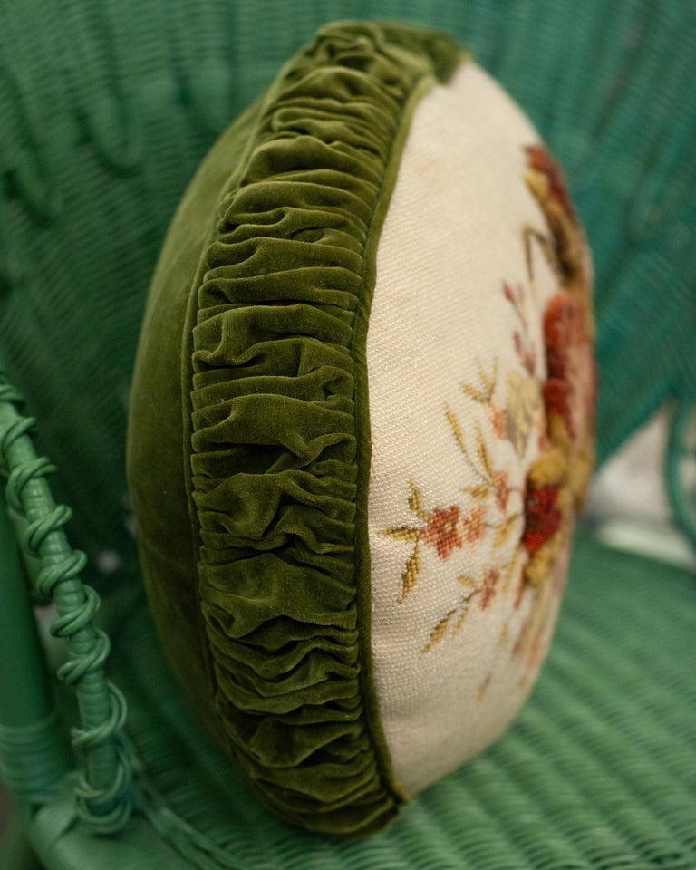 CONTEMPORARY BEADED FLORAL OVAL PILLOW WITH SHIRRED VELVET BORDER AND BACKING