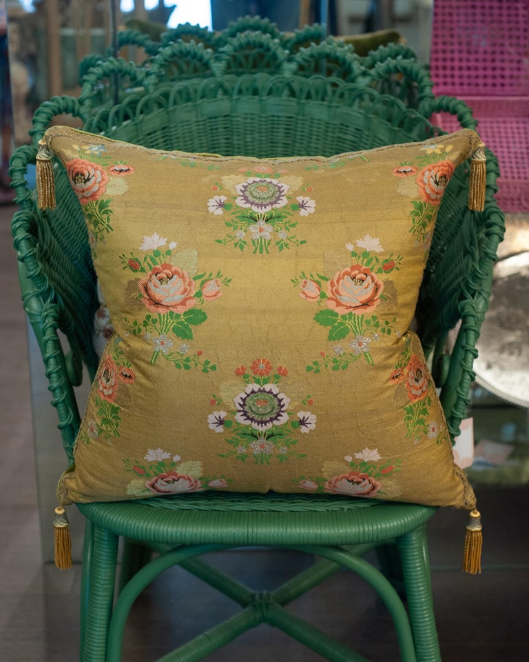 STUDIO MAISON NURITA YELLOW GREEN FLORAL SILK PILLOW WITH METALLIC TRIMS