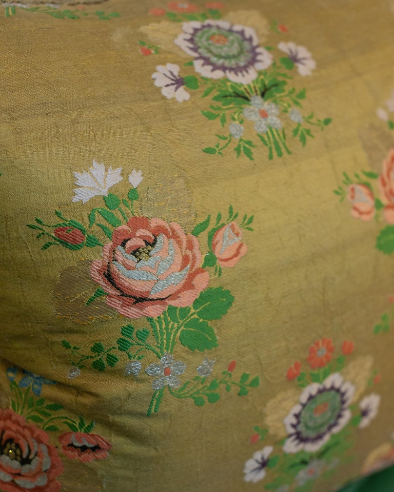 STUDIO MAISON NURITA YELLOW GREEN FLORAL SILK PILLOW WITH METALLIC TRIMS