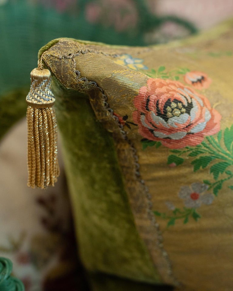 STUDIO MAISON NURITA YELLOW GREEN FLORAL SILK PILLOW WITH METALLIC TRIMS