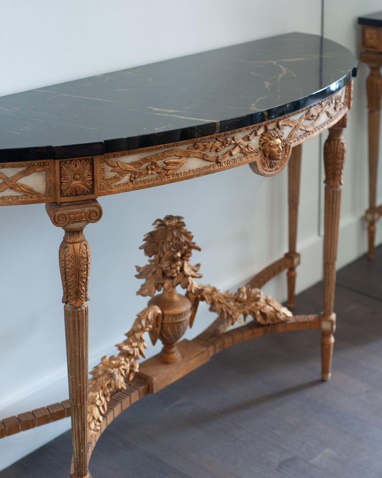 REPRODUCTION LOUIS XVI-STYLE DEMI-LUNE CONSOLE TABLE & TROMPE-L'ŒIL MARBLE TOP
