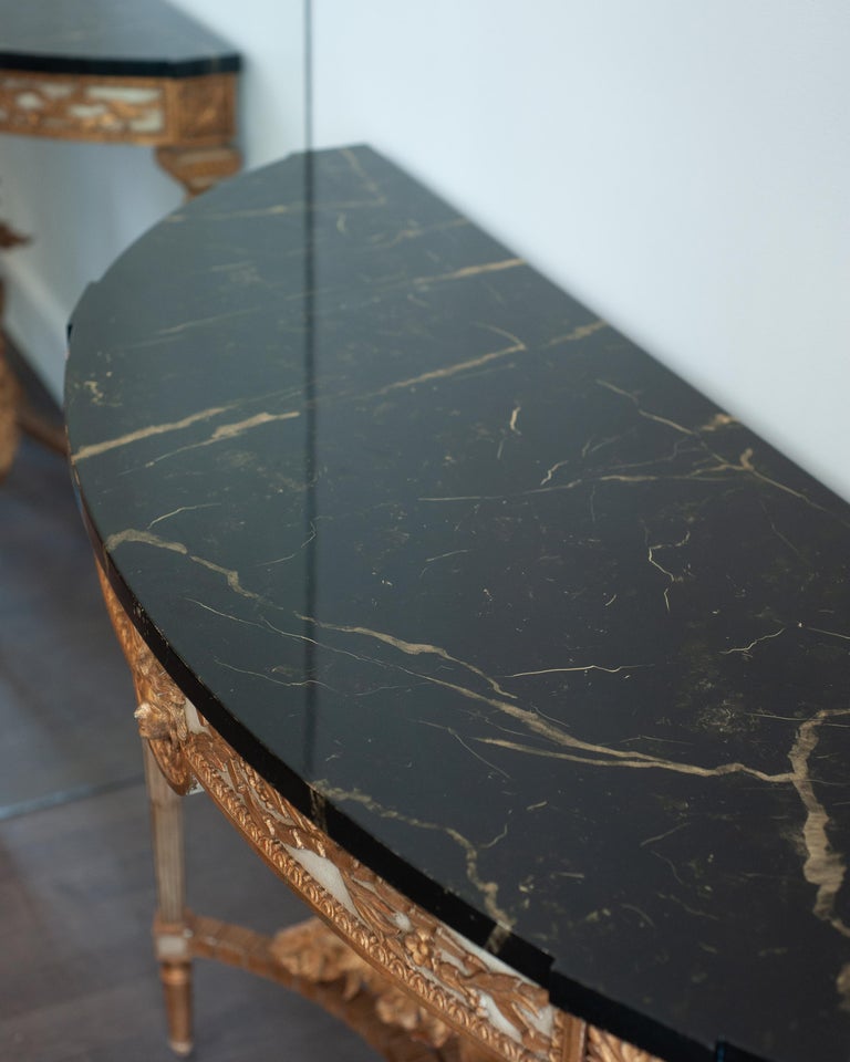 REPRODUCTION LOUIS XVI-STYLE DEMI-LUNE CONSOLE TABLE & TROMPE-L'ŒIL MARBLE TOP