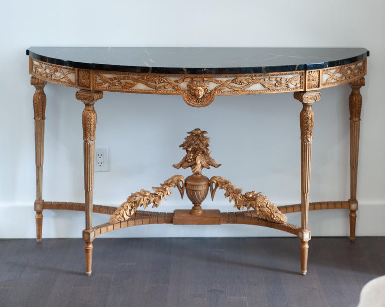 REPRODUCTION LOUIS XVI-STYLE DEMI-LUNE CONSOLE TABLE & TROMPE-L'ŒIL MARBLE TOP