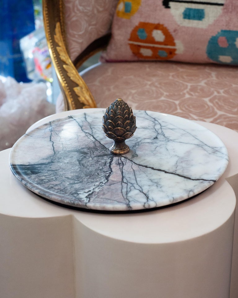CONTEMPORARY LILAC MARBLE TRAY WITH CAST BRONZE PINECONE HANDLE