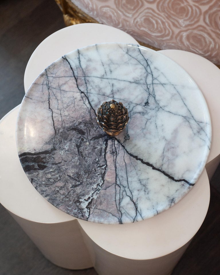 CONTEMPORARY LILAC MARBLE TRAY WITH CAST BRONZE PINECONE HANDLE