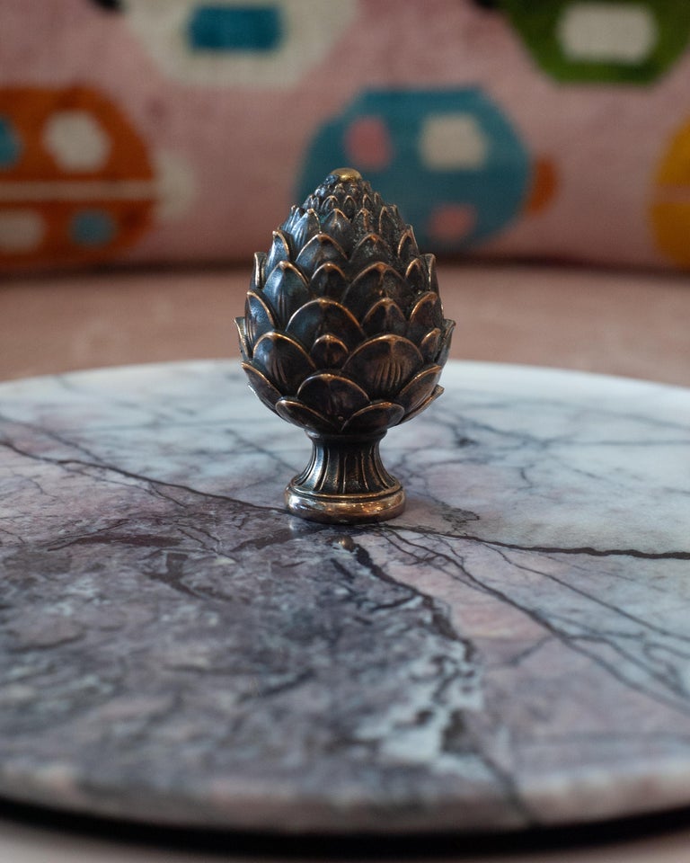 CONTEMPORARY LILAC MARBLE TRAY WITH CAST BRONZE PINECONE HANDLE