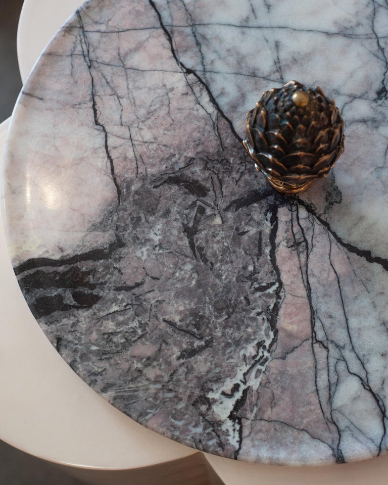 CONTEMPORARY LILAC MARBLE TRAY WITH CAST BRONZE PINECONE HANDLE